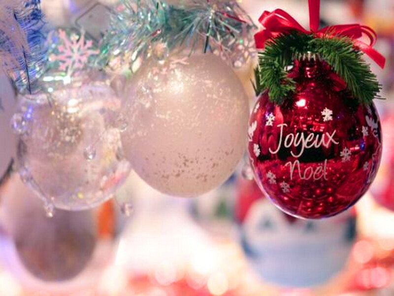 Christmas Ornaments on Tree — Red, Festive, Winter, Photograph, Snowflakes
