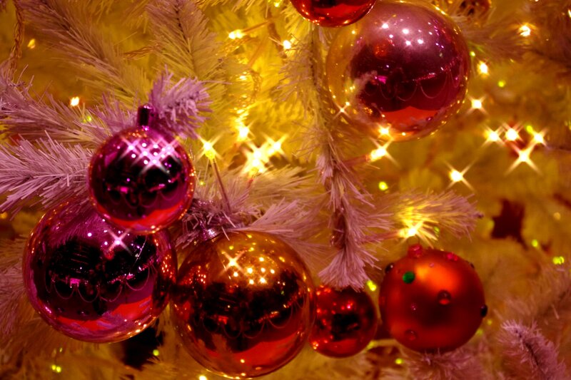 Christmas Ornaments on Tree — Red, Festive, Winter, Photograph
