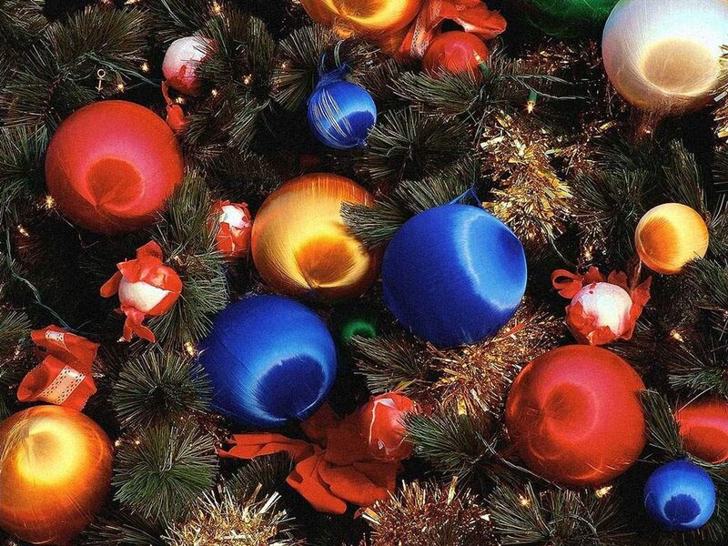 Christmas Ornaments on Tree — Red, Festive, Winter, Photograph, Tinsel