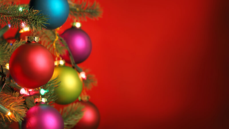 Christmas Ornaments on Tree — Red, Festive, Winter, Photograph, Tree Branches, Lights