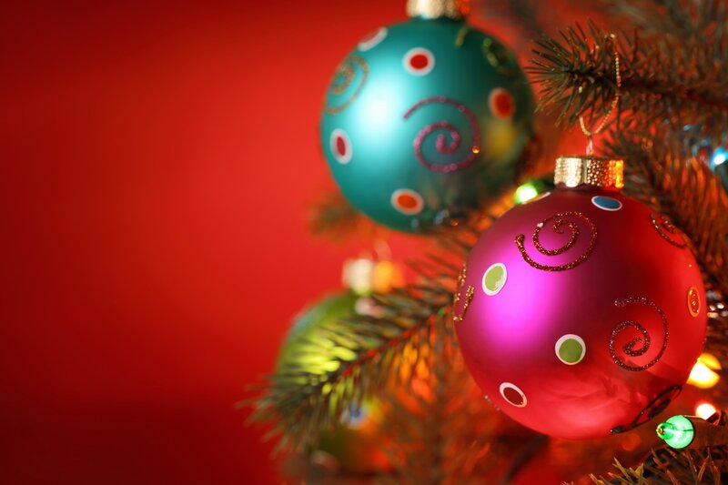 Christmas Ornaments on Tree — Red, Festive, Winter, Photograph, Tree Branches