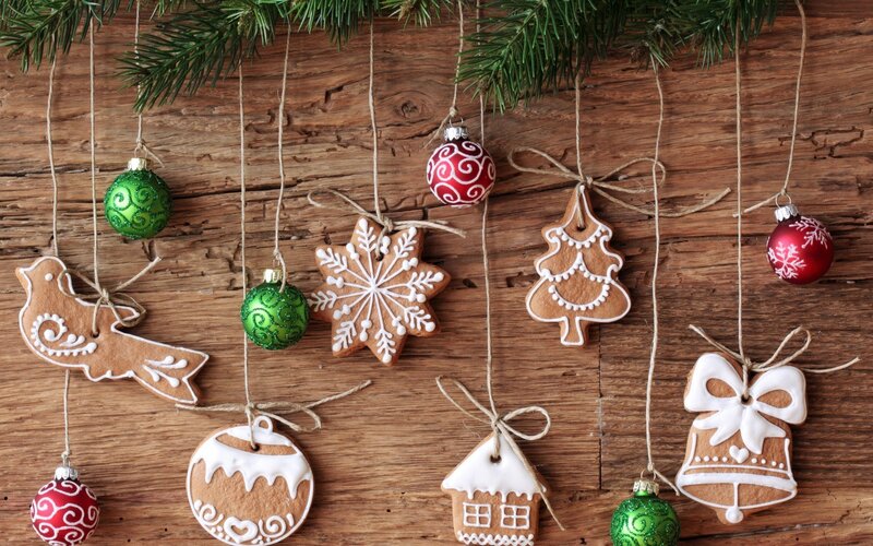 Christmas ornaments on wood