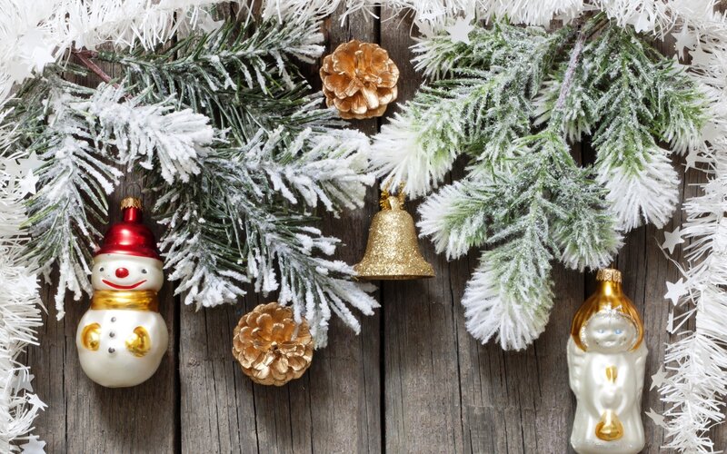 Christmas ornaments on wood