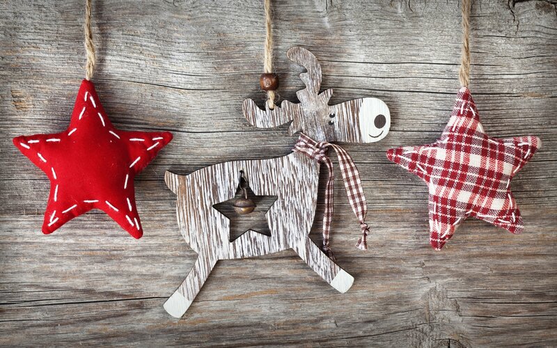Christmas ornaments on wood