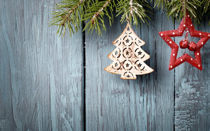 Christmas Ornaments on Wood — Blue, Festive