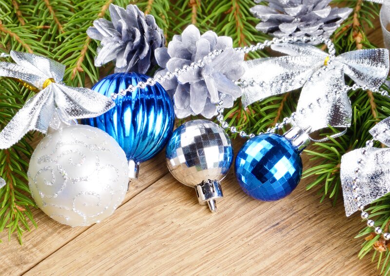 Christmas Ornaments on Wood — Blue
