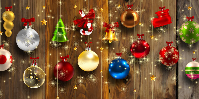 Christmas Ornaments on Wood — Brown, Festive, Winter, Digital Art
