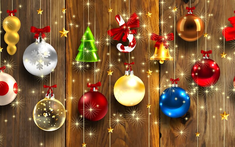 Christmas Ornaments on Wood — Gold, Festive