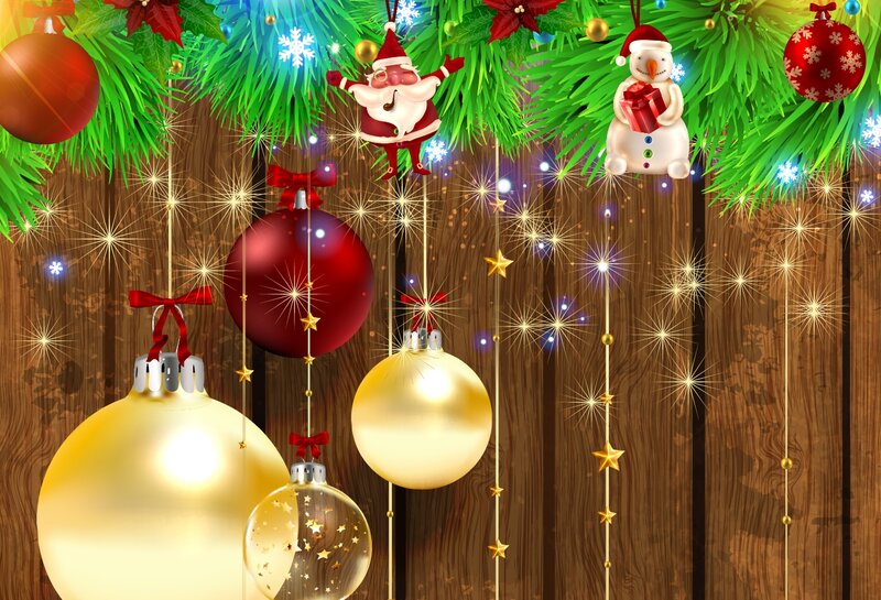 Christmas Ornaments on Wood — Green, Festive, Winter, Digital Art