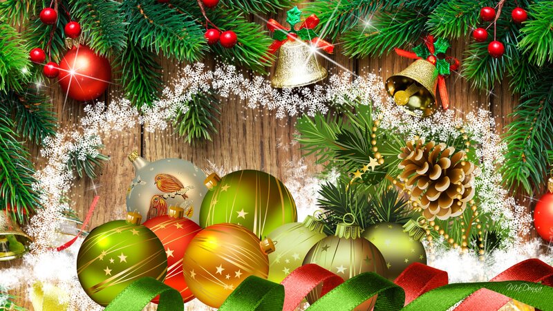 Christmas Ornaments on Wood — Green