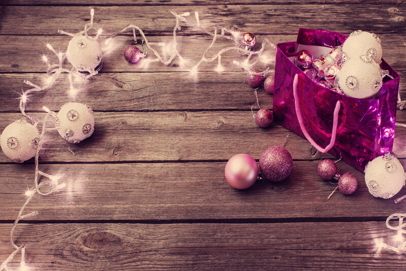 Christmas Ornaments on Wood — Pink, Festive