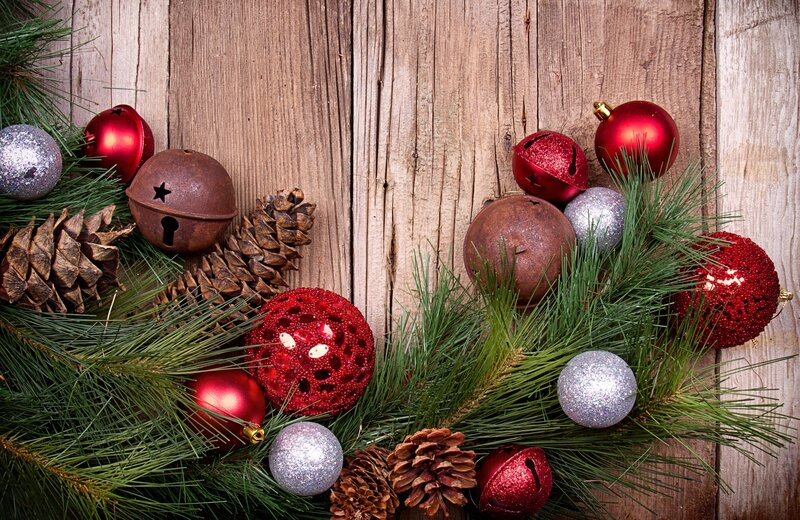 Christmas Ornaments on Wood — Red, Festive