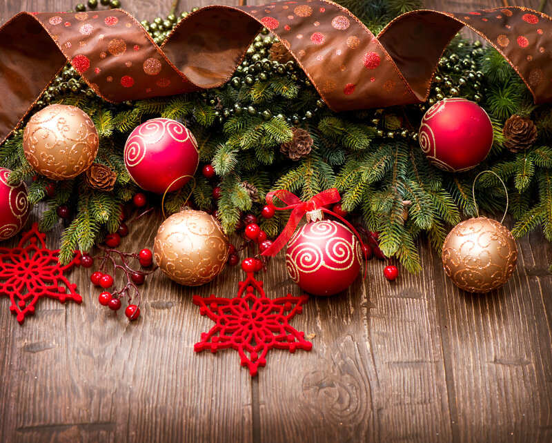 Christmas Ornaments on Wood — Red, Festive, Winter, Photograph, Pine Branches