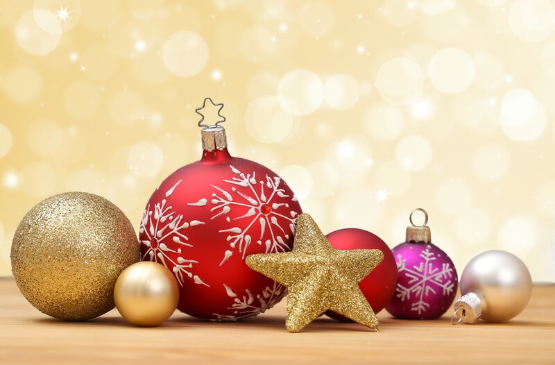 Christmas Ornaments on Wood — Red, Festive, Winter, Photograph
