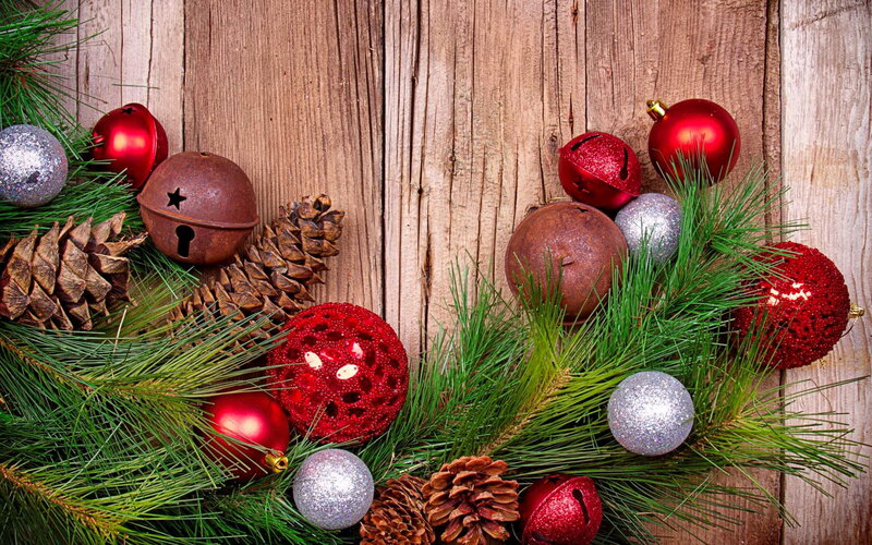 Christmas Ornaments on Wood — Red, Festive, Winter