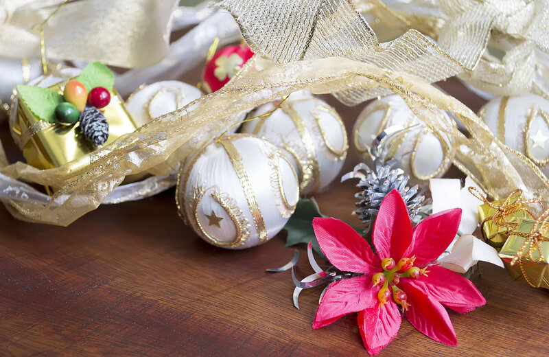 Christmas Ornaments on Wood — White, Festive