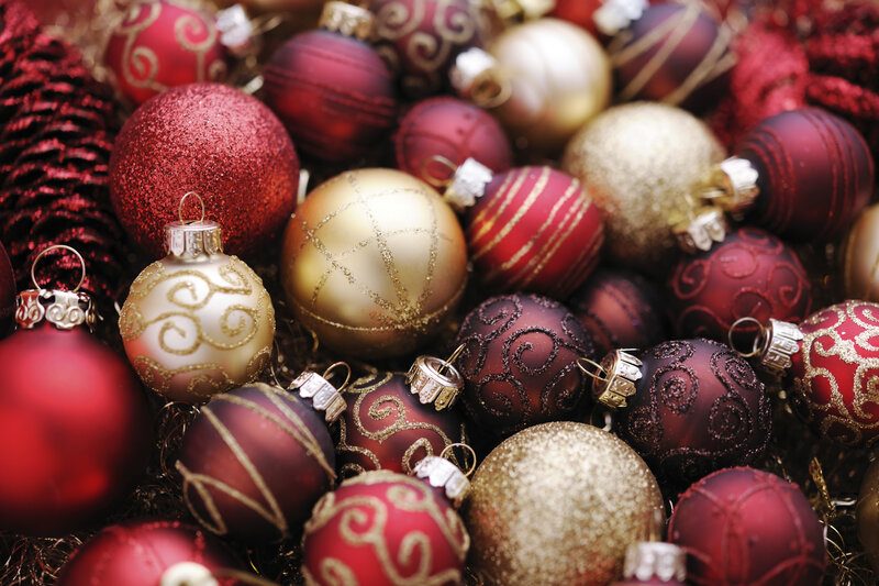 Christmas Ornaments — Red, Festive, Winter, Photograph, Pinecone