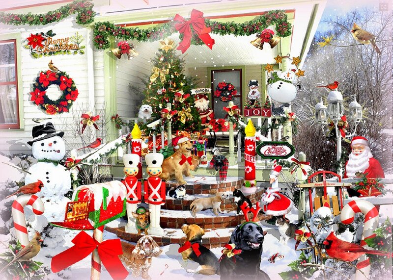 Christmas Porch with Dogs