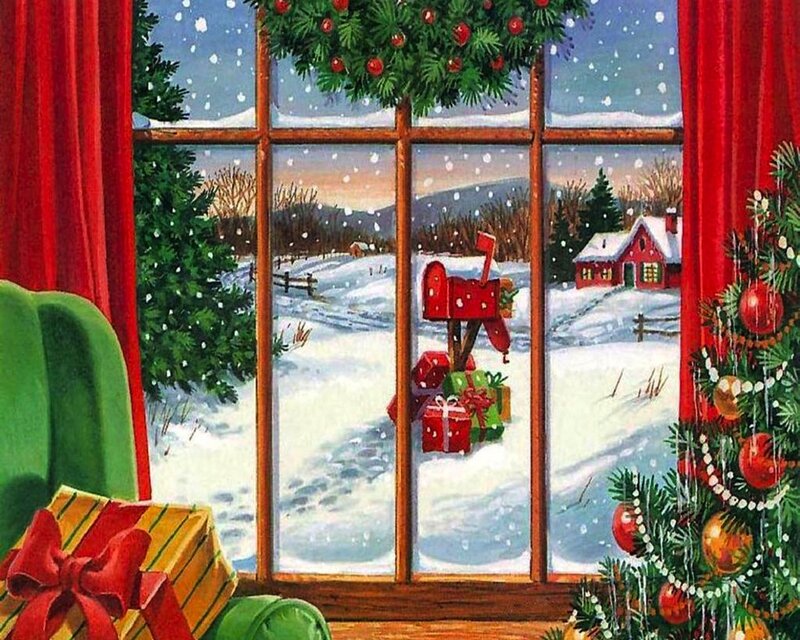Christmas Scene Through Window — Red