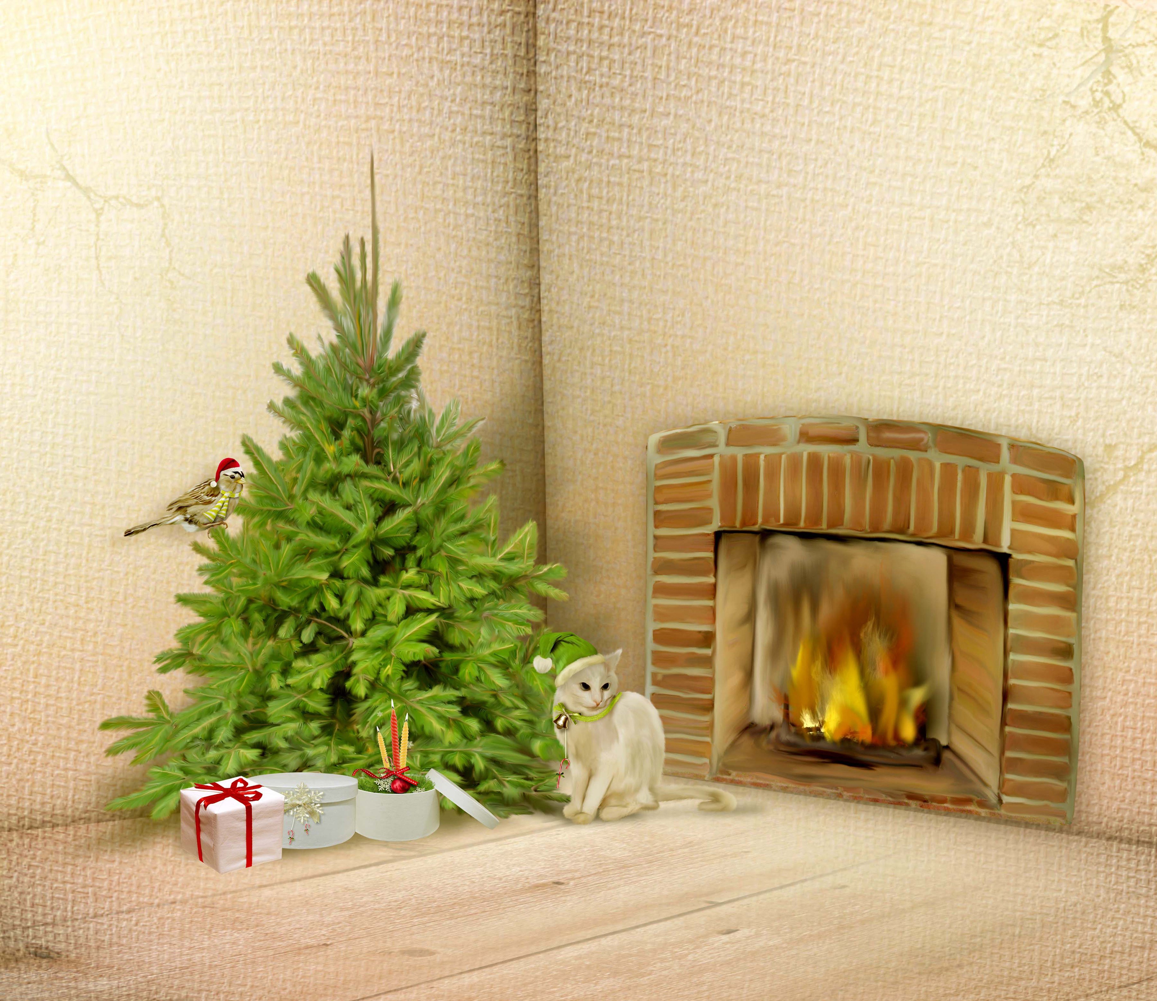Christmas scene with cat and fireplace