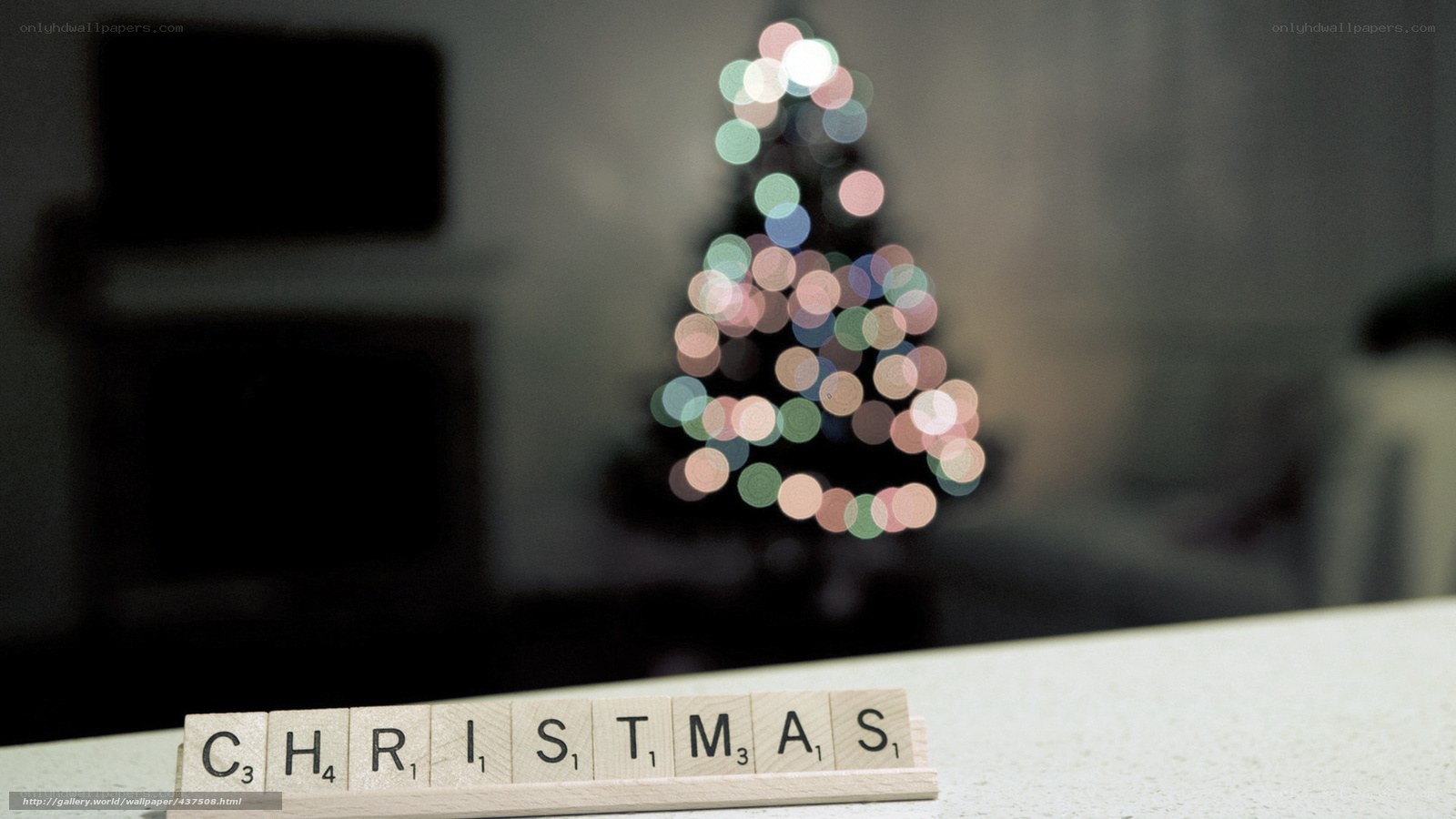 Christmas scrabble tiles with tree lights