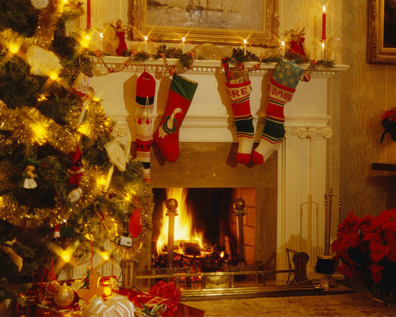 Christmas Stockings by Fireplace — Red