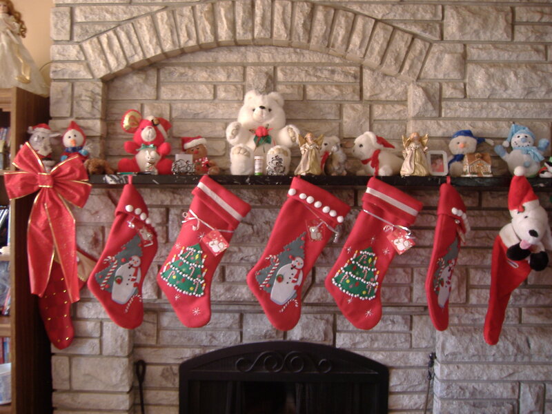 Christmas Stockings on Mantel — Red, Festive