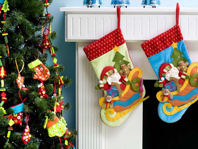 Christmas Stockings on Mantel — Red, Festive, Winter, Photograph