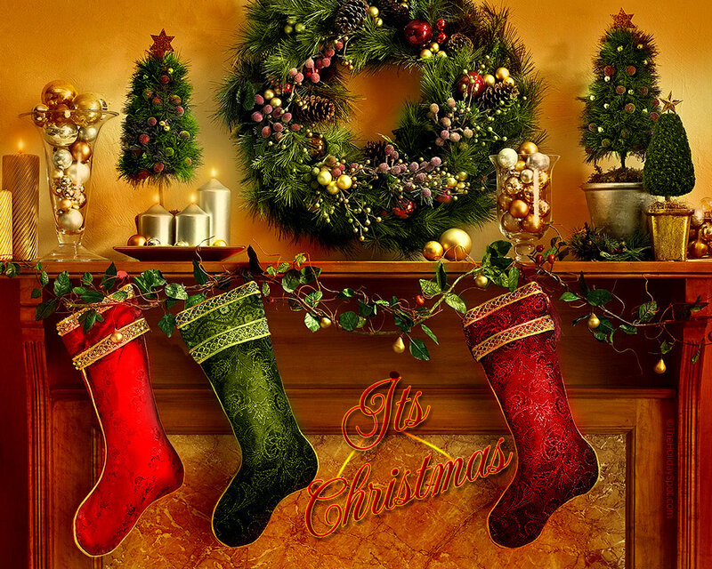 Christmas Stockings on Mantel — Red