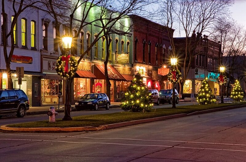 Christmas street scene at dusk