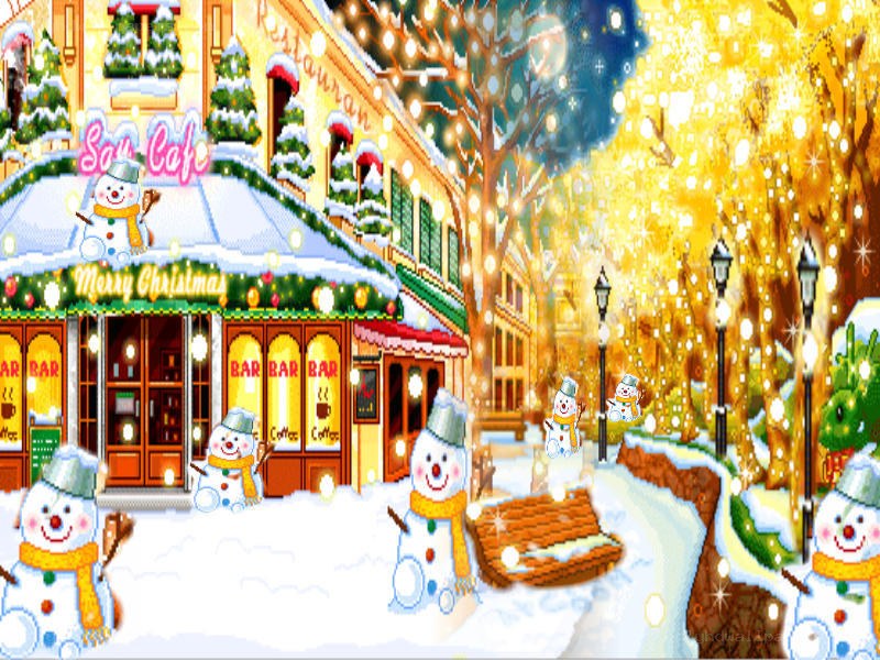 Christmas street scene with snowmen