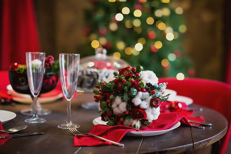 Christmas Table Setting — Red, Festive, Night, Photograph, Flowers