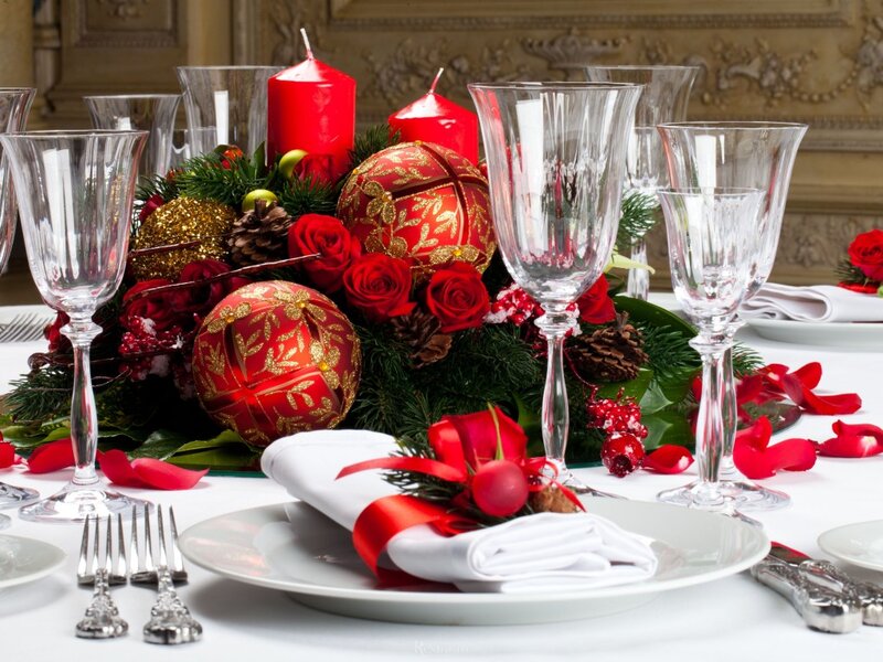 Christmas Table Setting — Red, Festive, Winter, Photograph, Candles, Ornaments, Flowers