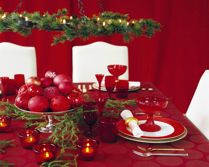 Christmas Table Setting — Red, Festive, Winter, Photograph, Candles, Ornaments, Tableware
