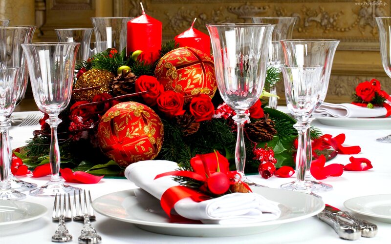 Christmas Table Setting — Red, Festive, Winter, Photograph, Candles, Ornaments