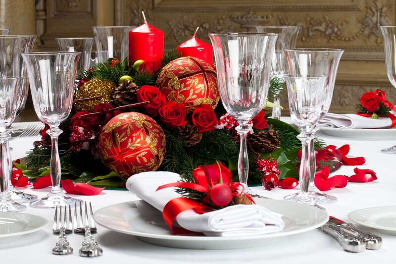Christmas Table Setting — Red, Festive, Winter, Photograph, Candles, Roses