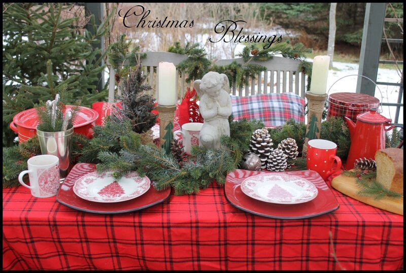 Christmas Table Setting — Red, Festive, Winter, Photograph, Pine Branches