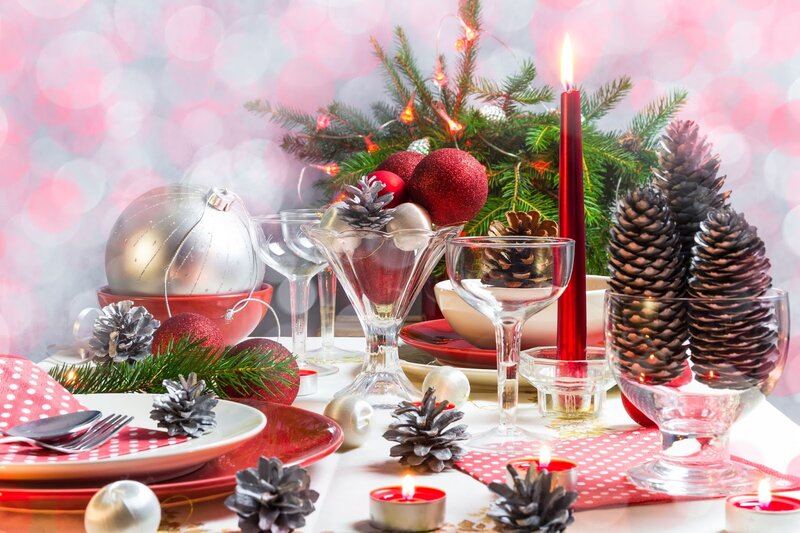 Christmas Table Setting — Red, Festive, Winter, Photograph, Pine Cones
