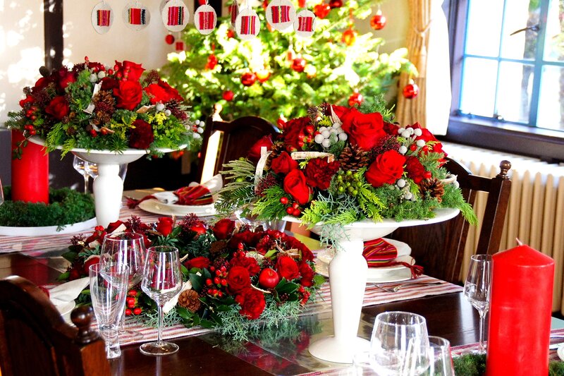 Christmas Table Setting — Red, Festive, Winter, Photograph, Roses