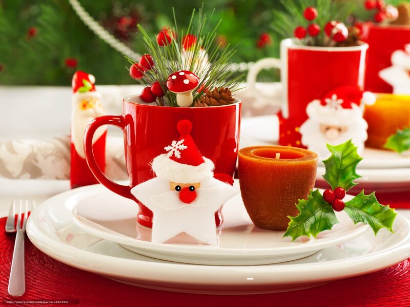 Christmas Table Setting — Red, Festive, Winter, Photograph, Santa Claus Figure, Pine Needles