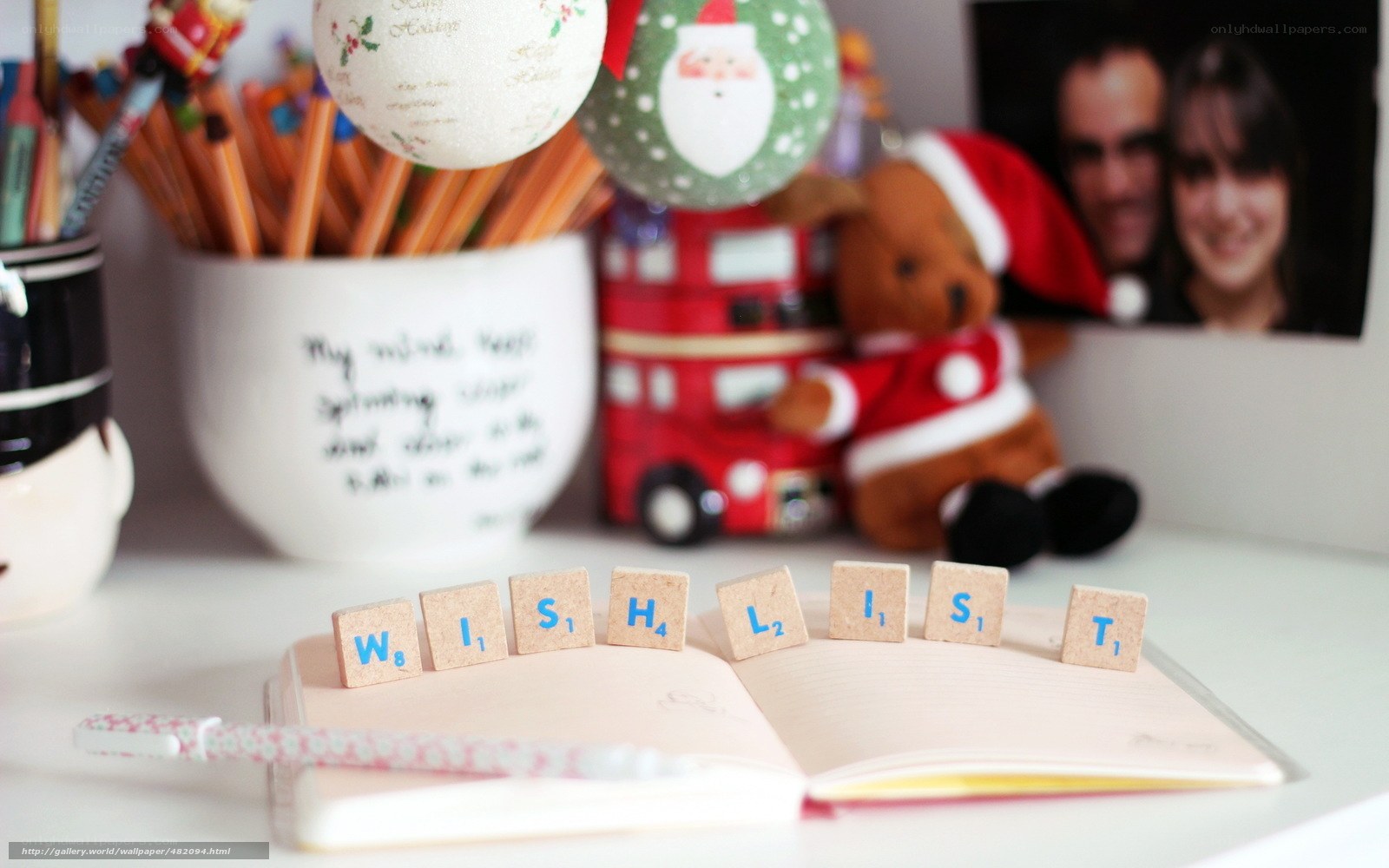Christmas-themed desk with Scrabble letters