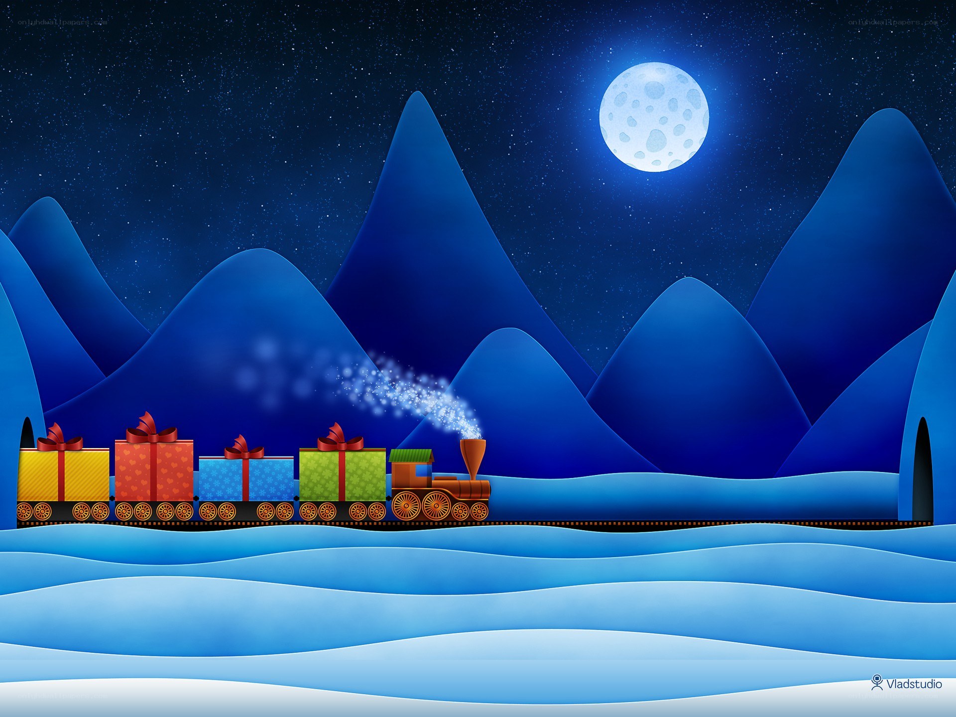 Christmas train in snowy mountains