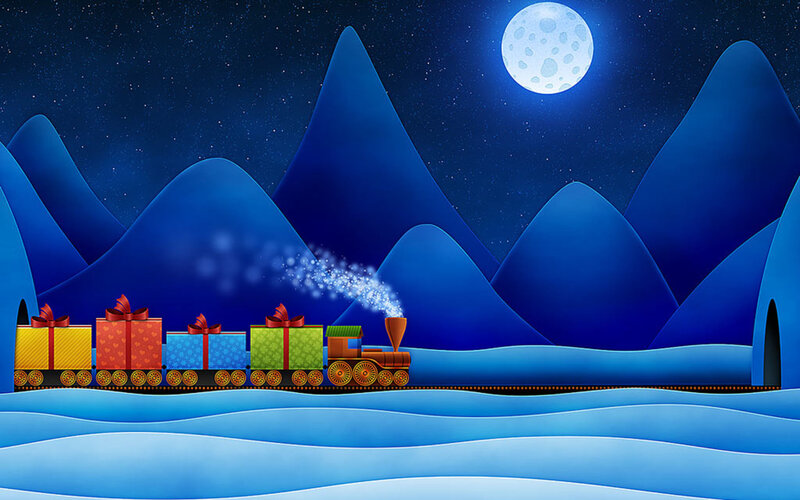 Christmas train in snowy mountains