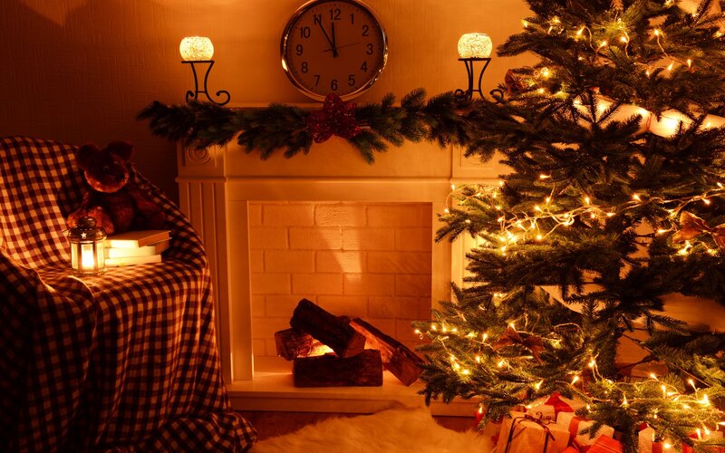 Christmas Tree and Fireplace — Brown, Cozy, Night, Photograph, Teddy Bear