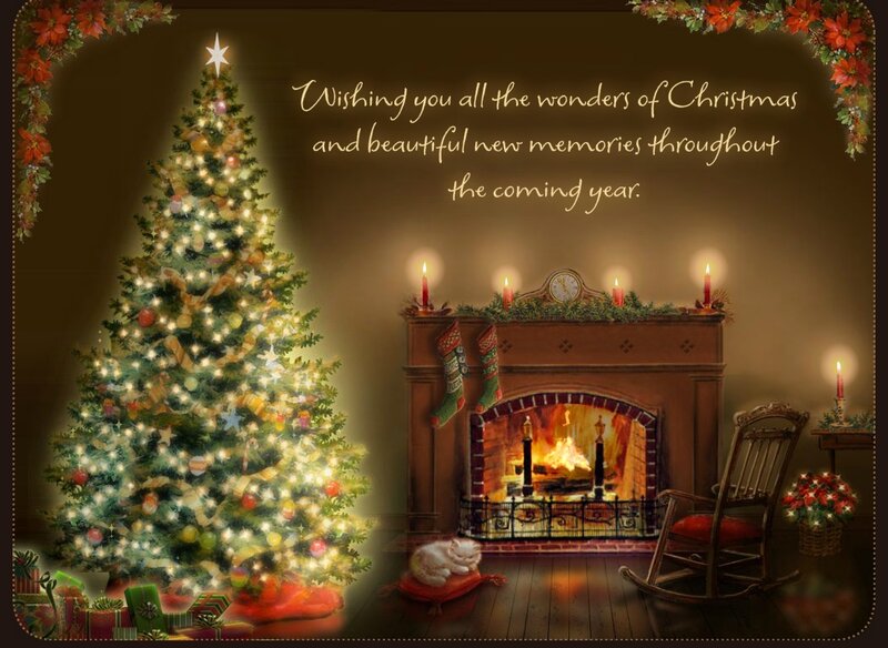 Christmas Tree and Fireplace — Green, Cozy, Night, Digital Art