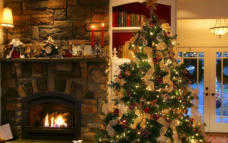 Christmas Tree and Fireplace — Green, Cozy, Night, Photograph, Candles