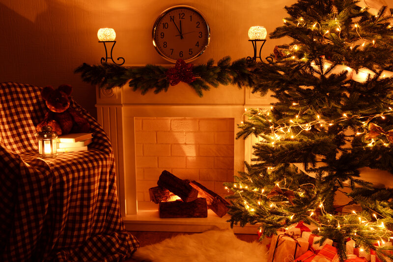 Christmas Tree and Fireplace — Green, Cozy, Night, Photograph, Teddy Bear