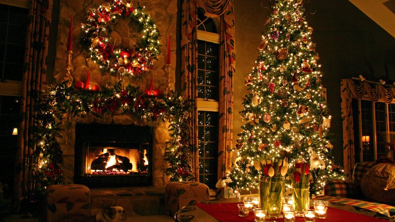 Christmas Tree and Fireplace — Green, Cozy, Night, Photograph, Wreath, Candles
