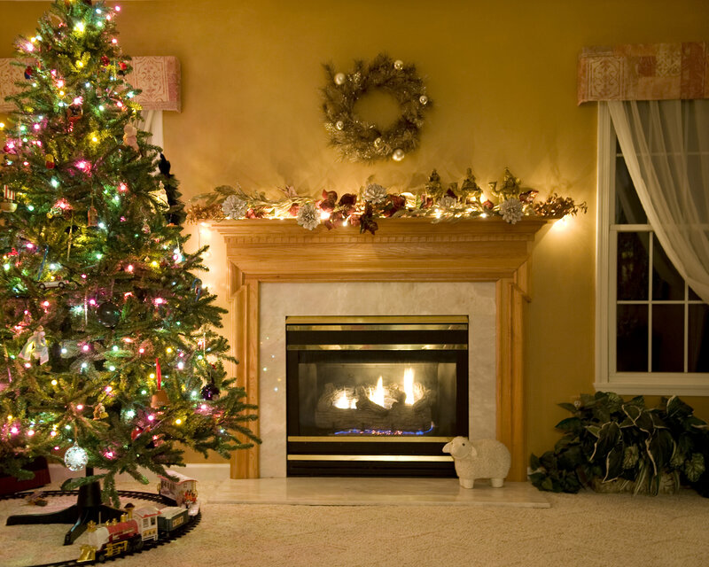 Christmas Tree and Fireplace — Green, Cozy, Night, Photograph, Wreath