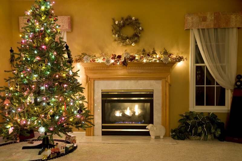 Christmas Tree and Fireplace — Green, Cozy, Night, Photograph, Wreath, Train Set